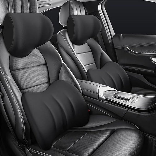 Car Headrest & Lumbar Support Cushion for Dodge Ram 1500 2019-2025, Ergonomic Car Seat Headrest Memory Foam Neck and Back Pillow Kit Breathable Removable for Driving Fatigue Relief,A/Black
