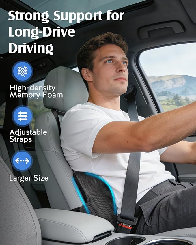 YFONG Lumbar Support Pillow for Car & Office Chair, Memory Foam Back Cushion with Adjustable Straps Non-Slip, Firm Support for Lower Back Pain Relief, Grey