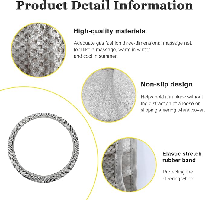 Kewucn Car Elastic Stretch Steering Wheel Cover, Soft Microfiber Breathable Ice Silk, Universal 15 Inch Anti-Slip Auto Steering Wheel Protector, Fit Car, SUV, Van, Sedan, Truck (Gray)
