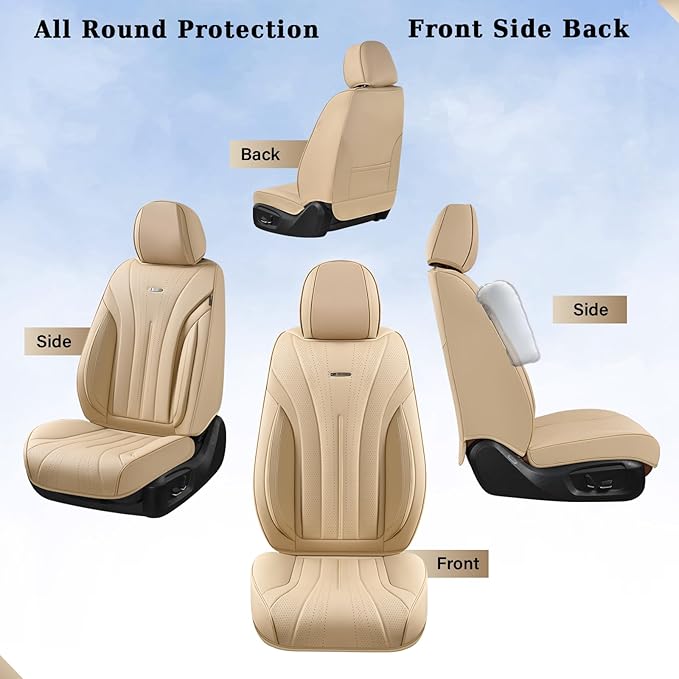 Coverado Car Seat Covers, Front Seat Covers for Cars, 2 Pack Beige Leather Seat Covers, Universal Seat Covers Front Seat, Automotive Seat Covers Waterproof Car Seat Protector Fit for Most Vehicles