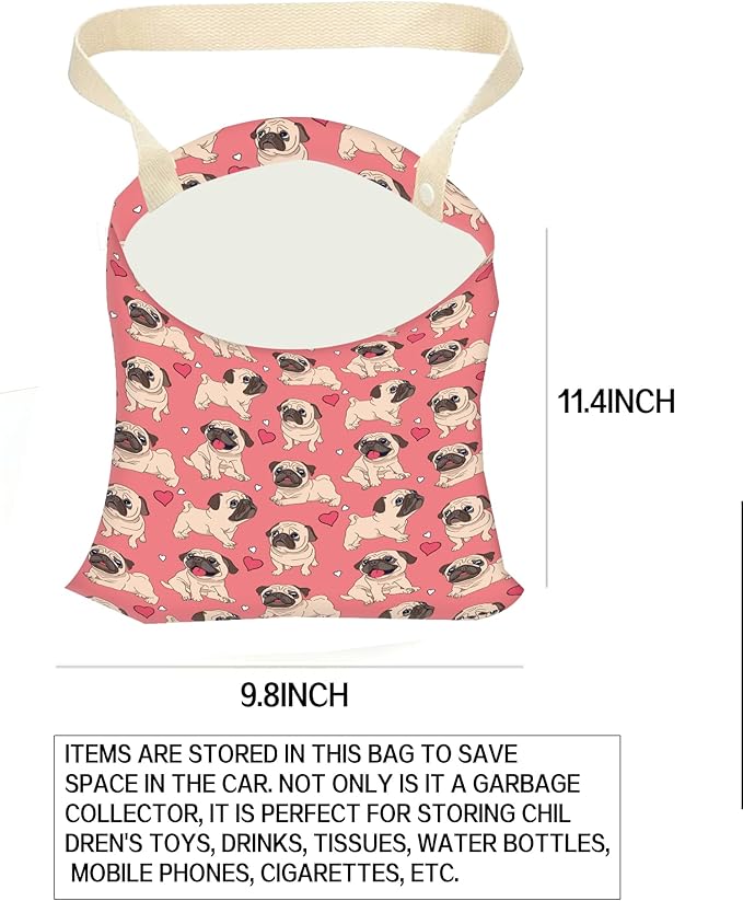 Car Garbage Can, Hanging Car Trash Can Bag for Cute Car Back Seat Organizer, Cute Pug Dog