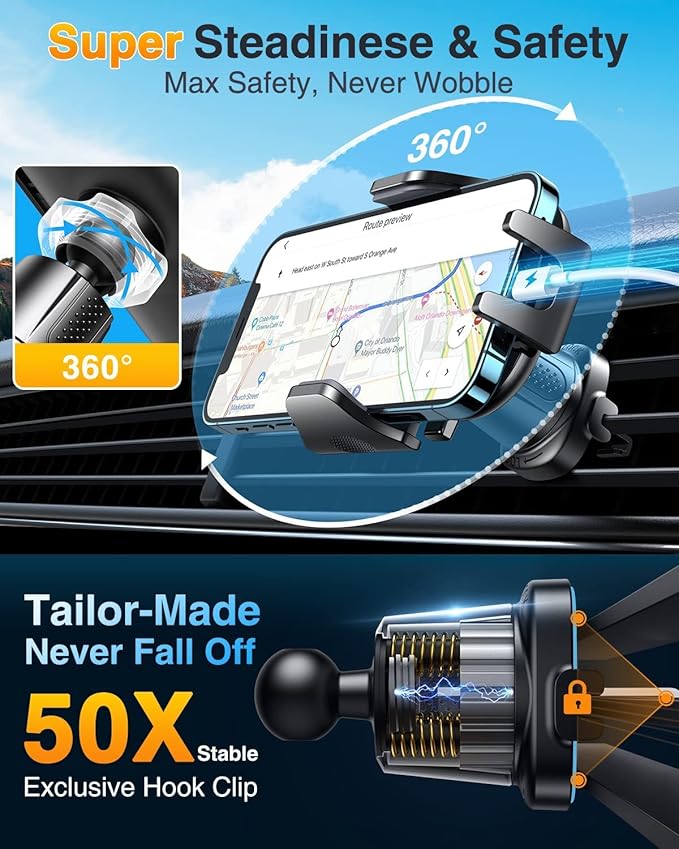 VANMASS Phone Holders for Your Car Ultimate Military-Grade Car Phone Holder Mount【Patent & Safety Certs】Upgraded Shockproof Truck Air Vent Phone Mount for iPhone 17 Pro Max 16 Samsung Android,Silvery