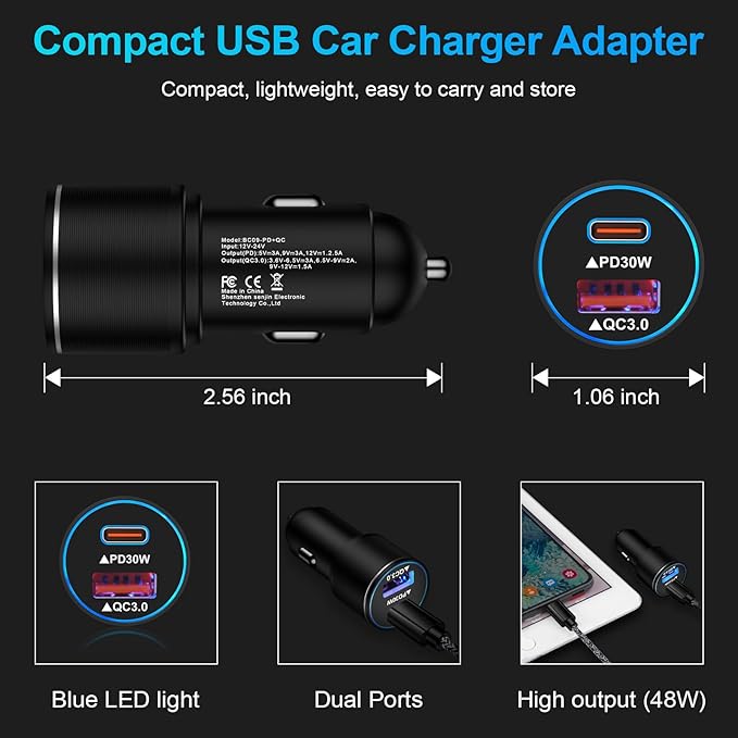 48W USB C Car Charger, All Metal 12V USB Outlet PD & QC 3.0 Fast Charge iPhone Car Charger Adapter Type C Flush Fit Car Plug for iPhone 17 16e 16 15 14 13 12 11 Pro Max SE XR,Samsung S26 S25 S24 A17