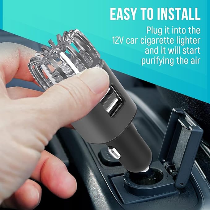 Car Air Purifier Ionizer, 12V Plug-in Car Air Freshener with Dual Fast Charge USB Car Charger, Release 5.6 Million Anion, Removes Dust, Cigarette Smoke, Bad Odors, Black