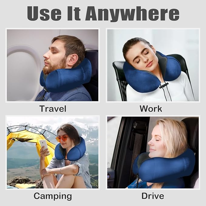 Travel Pillow, Memory Foam Neck Pillow for Traveling, U Shape Neck Pillow Airplane Portable Flight Pillow Travel Kit with 5D Contoured Eye Masks and Earplug for Plane Train Car Home Office - Blue
