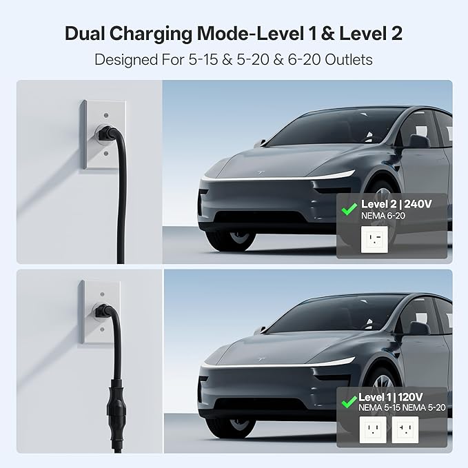 Level 1&2 EV Charger,Tesla EV Charger NACS 16A with 25FT Extension Cord Cable,Portable Electric Car Charger 240V NEMA 6-20 Plug&120V NEMA 5-15 Adapter Compatible with All Tesla Models