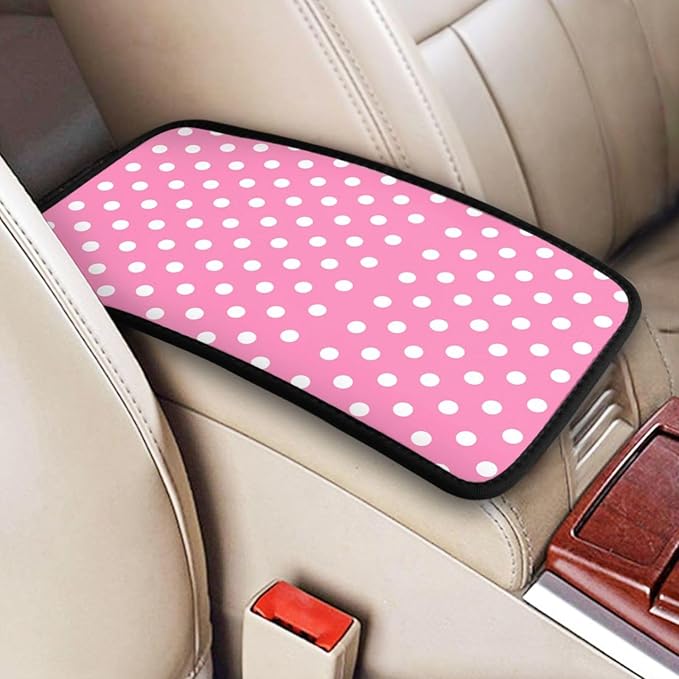 Car Armrest Cover Auto Center Console Pad Arm Rest Cushion Soft Car Accessories Universal for Most Vehicle (Pink Polka Dot Pattern Design)