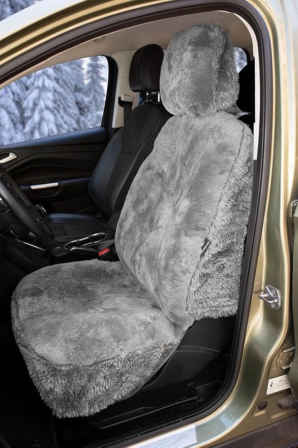 ZONETECH Sheepskin Seat Covers Fuzzy Car Seat Covers Grey Australian Merino Wool Fluffy Fur Auto Accessories All Season Protection for Your Seats Universal Fits Most Car SUV Airbag Compatible 4-Pack
