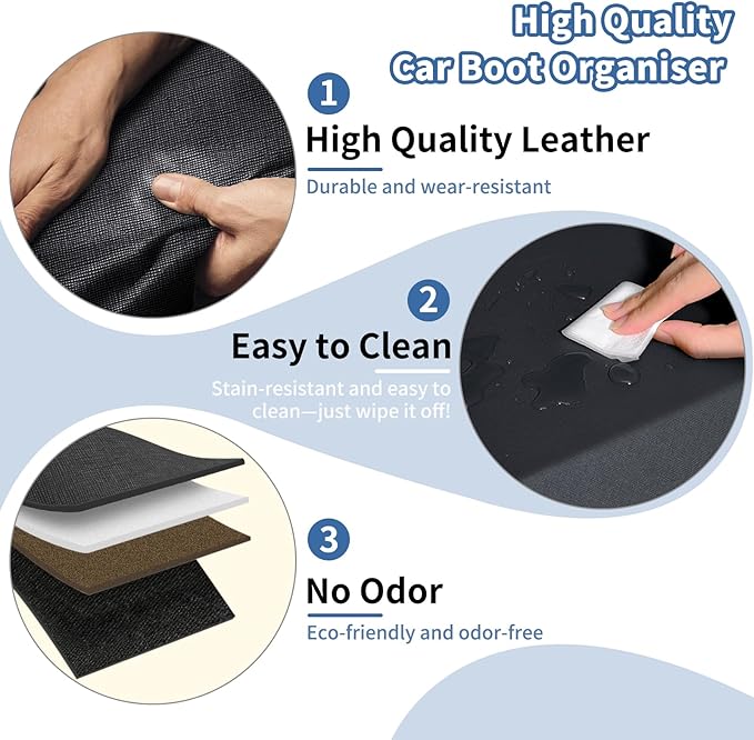 Car Trunk Organizer, Leather Trunk Organizer for SUV with Lid and Sturdy Handle Collapsible Adjustable Storage (Black, 41 x 11.4 x 12.2in)