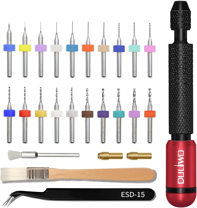 Dual-Bearing Pin Vise Hand Drill Set, 26 Pcs (0.1mm-2.0mm) with Tweezers & Cleaning Brush - Professional Micro Drill Bit Set for Jewelry, Resin, Clay, PCB, Mini Models, Plastic, Crafts(Red)