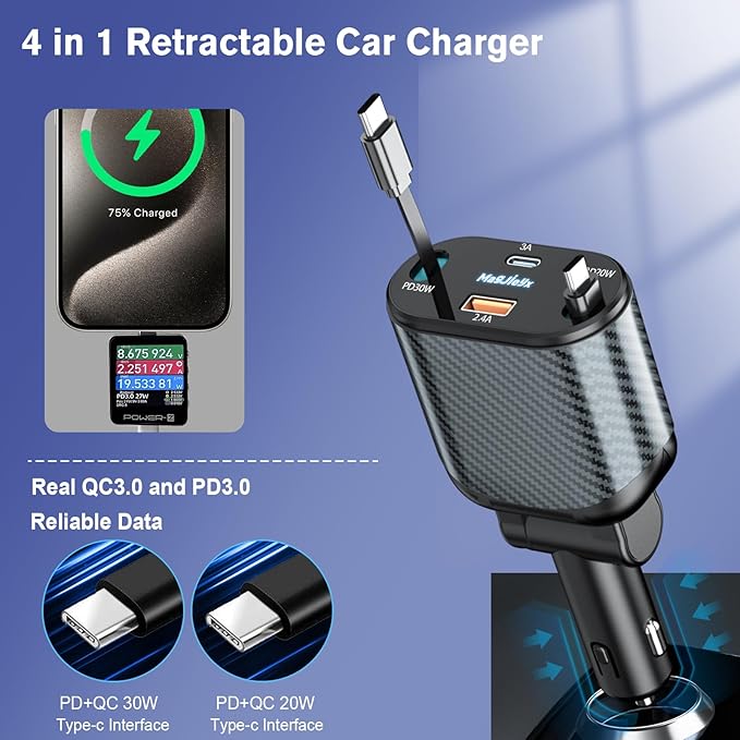 Retractable Car Charger for 4 in 1 Fast Charging Max 80W【2 Type-C Charging Cable】 for iPhone16 15/Galaxy,USB-A/C Port for iPhone16/15/14/13/Pro Max Plus,iPad,AirPods,PD 3.0 Cord
