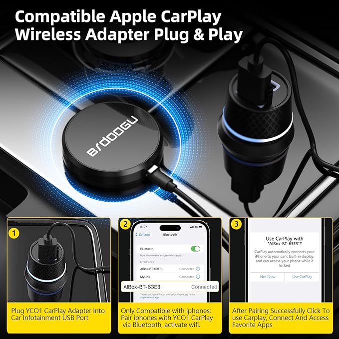 Wireless CarPlay Adapter Compatible with Apple iPhone (2025 Upgraded) - Multi-User Seamless Connection for Convert Wired to Wireless Car Play Adapter - No Latency from iOS 10+ to Screen w/USB C