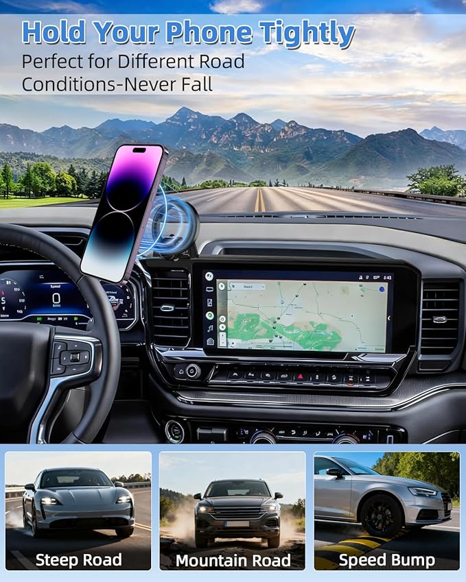 PZK Car Phone Mount for 2022-2025 2026 Chevrolet Silverado 1500/GMC Sierra 1500 LT/RST/ZR2/LTZ/LT Trail Boss/High Country Accessories 13.4-Inch Screen Compatible with MagSafe Chevy Car Phone Holder