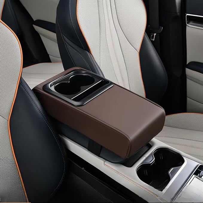 Center Console Booster Cover Car Armrest Box Pad Leather Arm Rest Cushion with Cup Holder Mobile Phone Storage Armrest Protection Pad for Car (Pure Coffee, 13.58 * 8.07 * 2.95 inch)