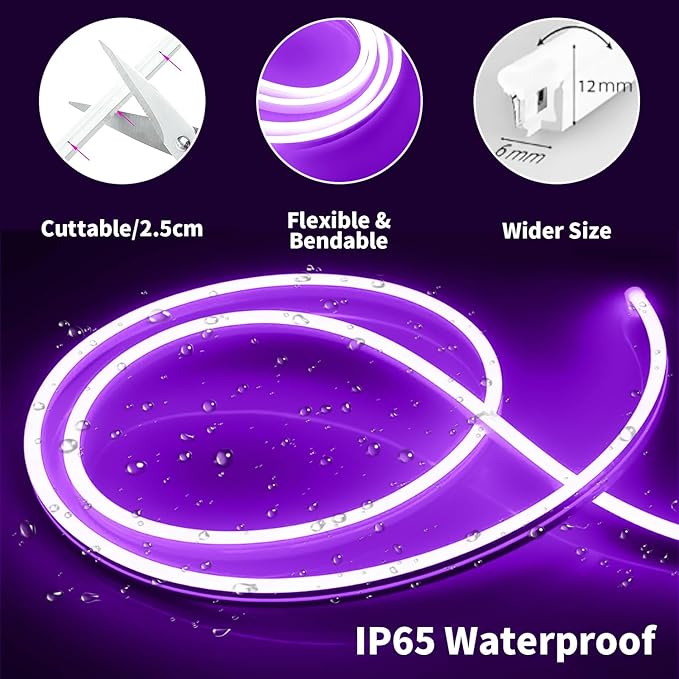 iNextStation 12V Purple LED Strip Lights 16.4FT, Flexible Silicone Neon Rope Light with Power Adapter, Waterproof, Cuttable, Dimmable & Linkable, LED Lights Strip for Bedroom, Kitchen(with Plug)