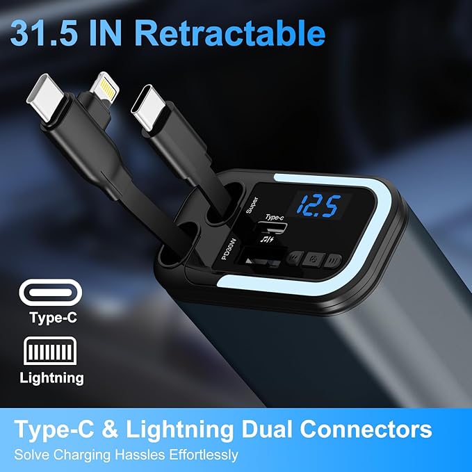 5-in-1 120W 30-Minutes Fast Flash Charging Retractable Car Charger, Wireless Bluetooth FM Transmitter, Type-C+USB-A Car Charger Adapter, Compatible with iPhone 17/16/15/14/13 Pro Max & Android Devices