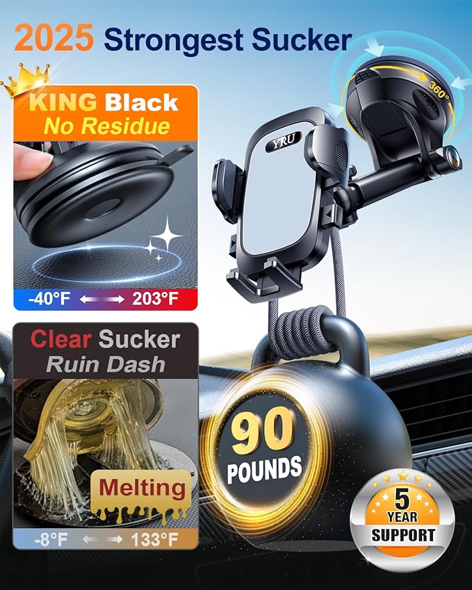 YRU True Military-Grade [360° Rotation Suction] 2026 Ultimate Car Phone Holder Mount 【90+LBS Safest Strongest & Patent Certs】 Dashboard Windshield Vent for iPhone 17 16 Pro Max Samsung, Light Gray