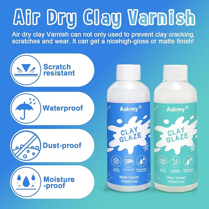 2 x 100ml Air Dry Clay Varnish, 100ml Gloss and 100ml Matte Finish Air Dry Clay Glaze， Prevent Clay from Cracking, and Scratch Resistant，for Ceramics, Oil Paintings, Wood (Gloss+Matte)