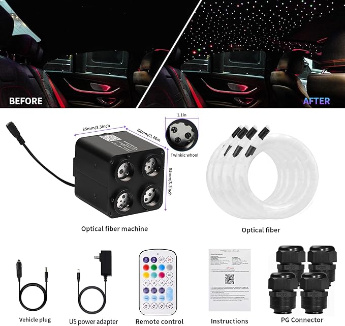 36W 4-Color RGBW Car Starlight Headliner Kit, 500pcs0.03in9.8ft, Twinkle & Sound Activate 4-Port Fiber Optic Light Engine with Bluetooth APP&Remote Control, Star Lights for Car and Home