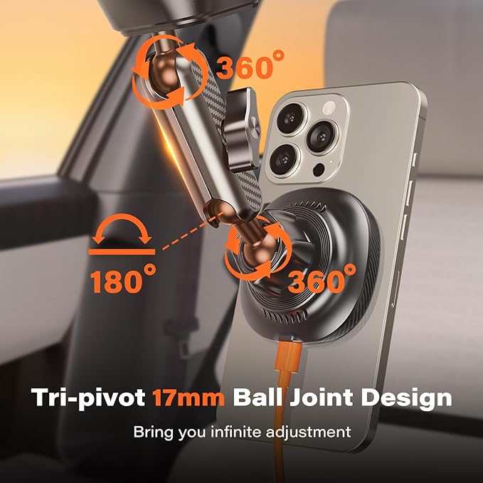A2C Qi2 15W Wireless Charger for MagSafe Car Mount Charger Magnetic Suction Cup Phone Holder Windshield/Dashboard for iPhone 17/16/15/14/13/12, Aluminum Alloy Arm, for Jeep Wrangler, F150