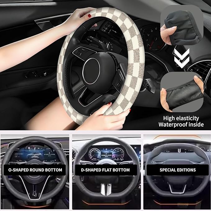 Elastic Car Steering Wheel Cover, Universal 15 inch Non-Slip Breathable Neoprene Steering Wheel Protector, Car Accessories for Women Men Fit Auto, Suvs, Truck Beige Checkerboard