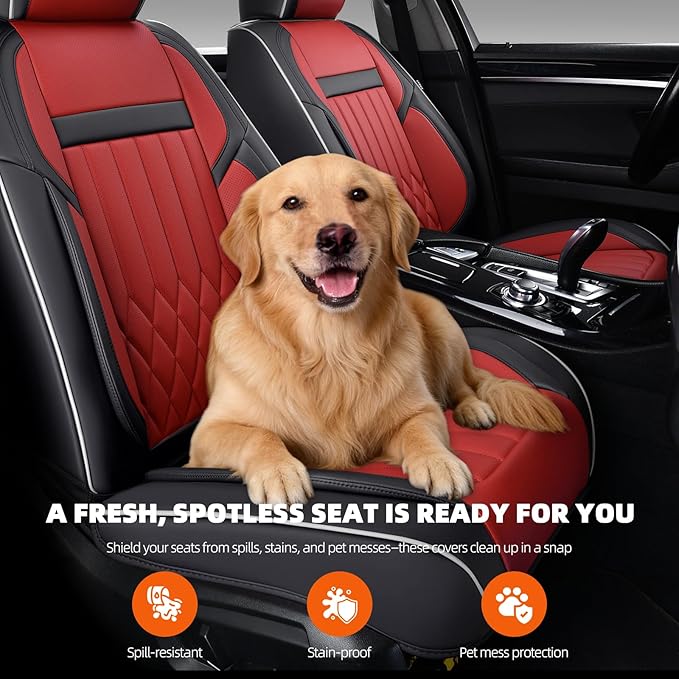 KEYOOG 2-Seater Waterproof and Breathable Nappa Leather Car Seat Covers Full Set, Fit for Front Seats of Cars, Compatible with Airbags, Car Seat Protector Covers for Most Cars - Black Red