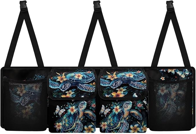 Waterproof Car Trunk Organizer Plumeria Turtles with 4 Compartments Auto Hanging Seat Back Storage Large Capacity Multipurpose Cargo Accessory