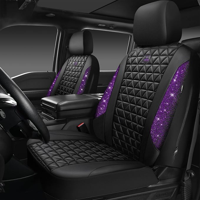 CAR PASS Bling Diamond Leather Car Seat Covers Full Seats Interior Sets, Waterproof Shining Glitter Sparkly Crystal Universal Armrest Fit Automotive Truck SUV Cute Women Girl, Black Purple Rhinestone