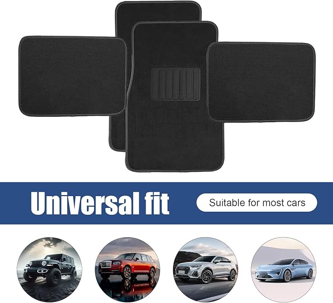4 PCS Car Carpet Floor Mats, PVC Anti-slip Base Comfortable Carpet, Breathable Flame-retardant Floor Liner for All Weather, Interior Accessory for Cars SUVs Trucks (Black)