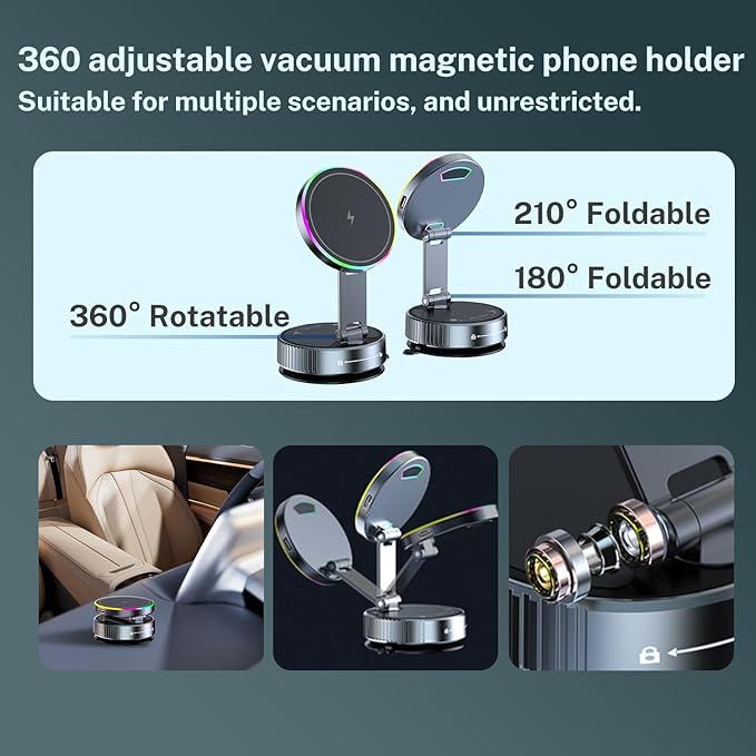 15W Fast for MagSafe Car Mount Charger with Breathing RGB Light, 360 Adjustable Vacuum Magnetic Phone Holder for Your Car Dash, Nano Gel Suction Cup Phone Mount for iPhone 12-17 Pro Max
