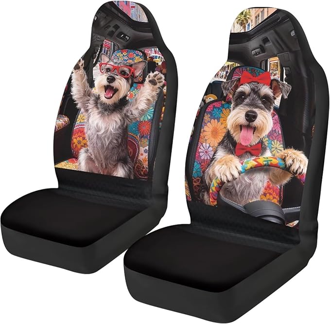 Schnauzer Front Car Seat Cover Comfortable Cute Automobile Front Seat Covers Stretch Polyester Fabric Cover Easy to Install and Clean Universal Fit for Cars SUV Sedans