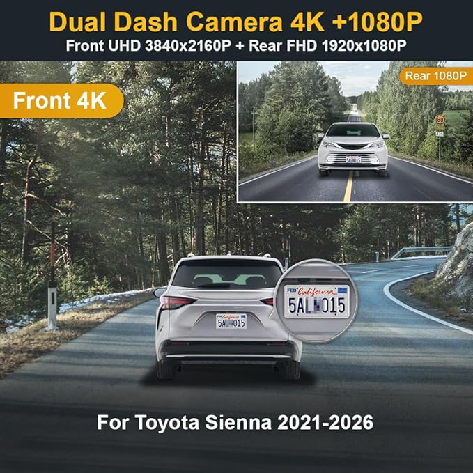 Fitcamx Front 2160P+Rear 1080P Dash Cam for 2021-2026 Toyota Sienna LE Limited XLE Platinum XSE (XL40), OEM Factory Look, Dual HD Video, WiFi & APP, Loop Recording, G-Sensor, Easy to Use, 128GB Card