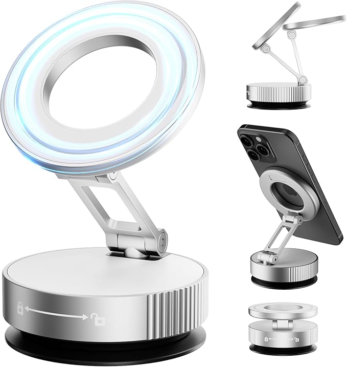 Vacuum Magnetic Phone Holder for MagSafe,Foldable Metal Suction Cup Phone Mount,360° Rotatable Phone Mount for All Smartphones & All Car Models-Silver