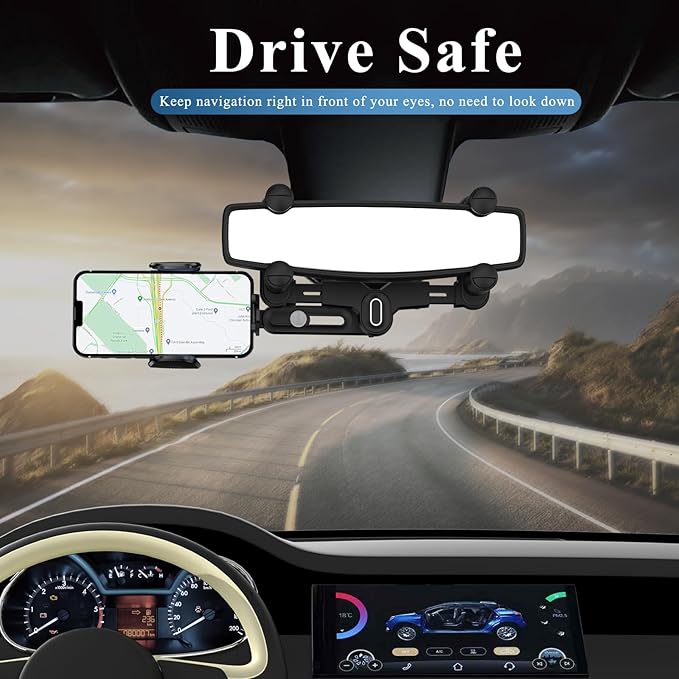 Phone Mount for Car, Rear View Mirror Phone Holder, Rotatable and Retractable Car Phone Holder Mount Rearview Mirror Phone Holder for Car Compatible with iPhone Samsung Cell Phones (Blue)