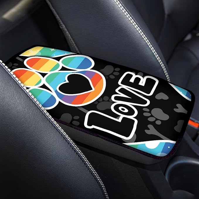 UNICEU Universal Fit Dog Paw Car Armrest Cover Colorful Stripes Love Dog Paws Auto Center Console Armrest Pad Anti Slip Armrest Seat Box Cover Protector Comfortable Car Interior Decor Accessories