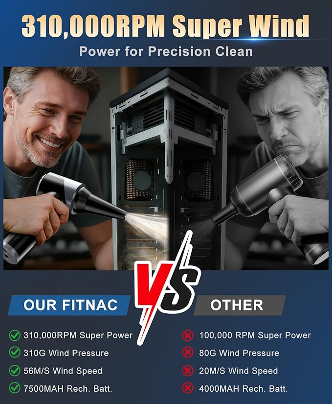 Compressed Air Duster-310,000RPM Cordless Air Blower with LED Light, 4 Gear Adjustable Turbo Fan, Super Power Electric Air Duster for Computer, Keyboard, Outdoor, House and Car