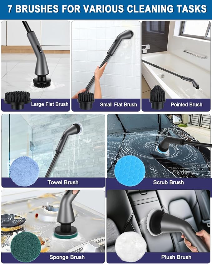 Electric Spin Scrubber -[Upgraded Version] [IPX7 Waterproof] Bathroom Scrubber Electric with 7 Brush Heads, 2 Speed, 400 RPM Power Scrubber with Detachable Long Handle for Bathroom, Home
