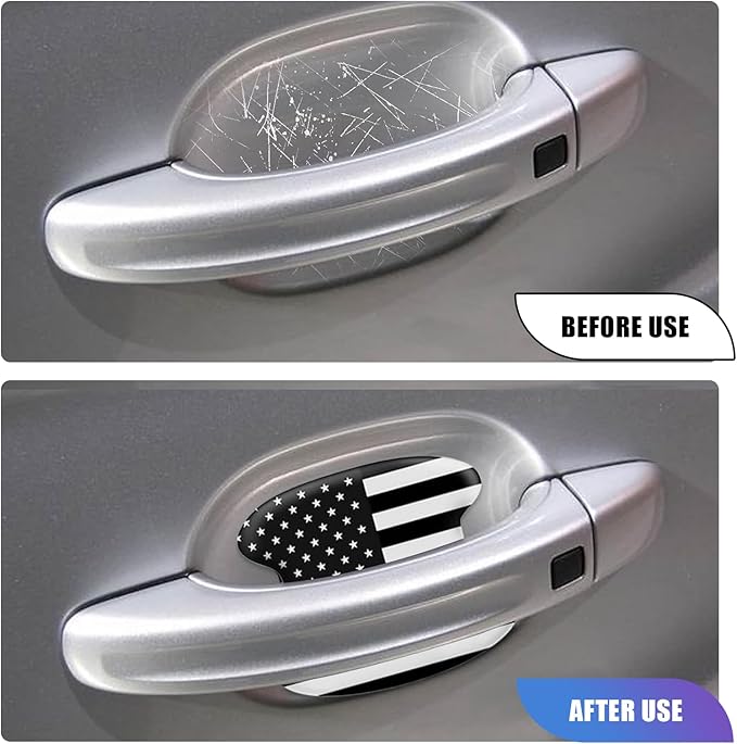 4 PCS Car Door Handle Protector, 3.7" x 3.3" American Flag Car Door Handle Anti-Scratch Sticker, Door Side Paint Protection Waterproof Anti-Shedding Decals, Universal for Automotive (Black)