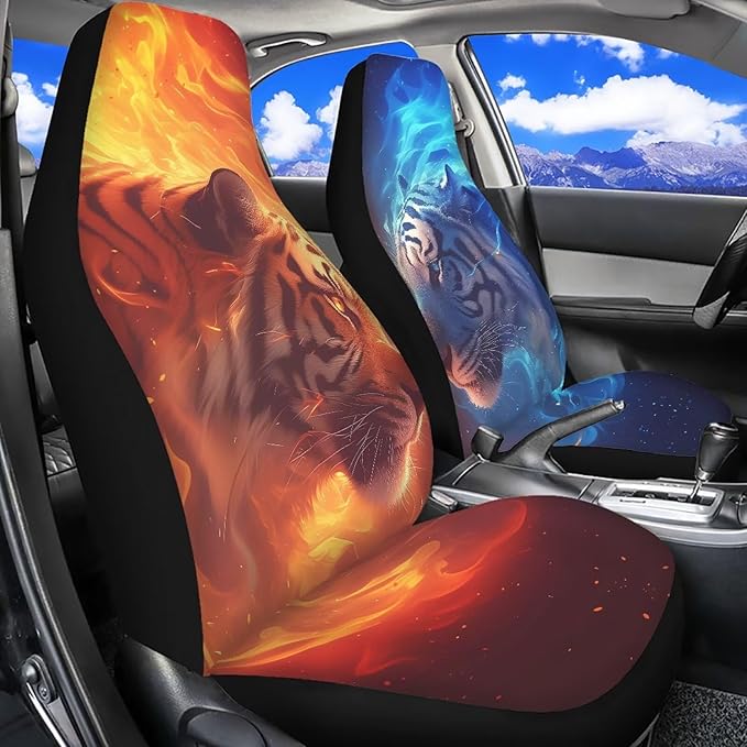 Cool Tiger Car Seat Covers Breathable Front Seat Covers Easy Installation Stretch Polyester Fabric Cover Protection Interior Accessories Universal Fit Most Cars SUV