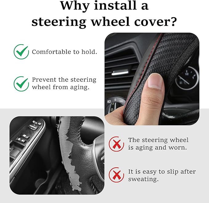 Car Steering Wheel Cover, 15 inch Carbon Fiber Microfiber Anti-Slip Breathable PU Leather Elastic Steering Wheel Protector, Car Interior Accessories for Most Cars (Black)