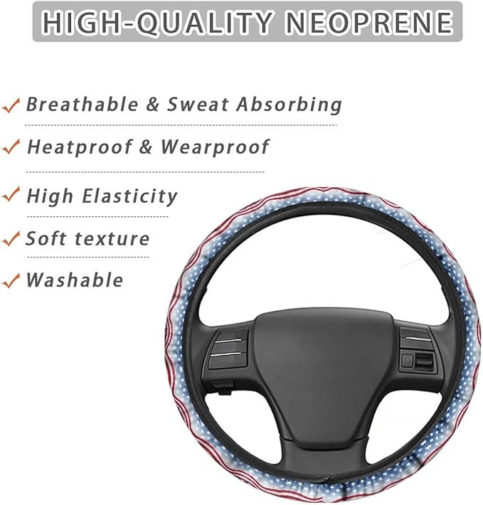 AFPANQZ Automotive Steering Wheel Covers Universal Fit 14 to 15 inch, American Star Steering Wheel Protector with Cloth for Women Keep Warm Comfort Grip Sweat Absorption Neoprene
