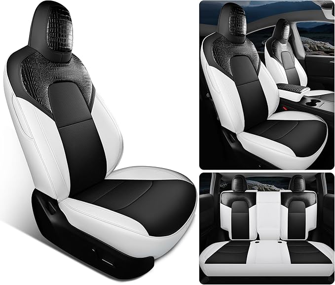 Red Rain Seat Cover Custom Fit for 2020-2024 Tesla Model Y Car Seat Cover Crocodile Leather Black and White Seat Cushion Covers (ModelY-Black+White-2020/2024)