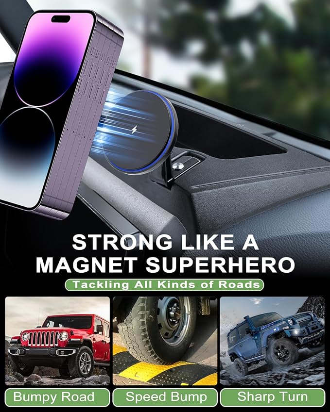 Magnetic Jeep Phone Mount for 2011-2017 Wrangler JK JKU with 15W Wireless Charging - Dashboard Phone Holder with Magnet for Jeep Wrangler Accessories