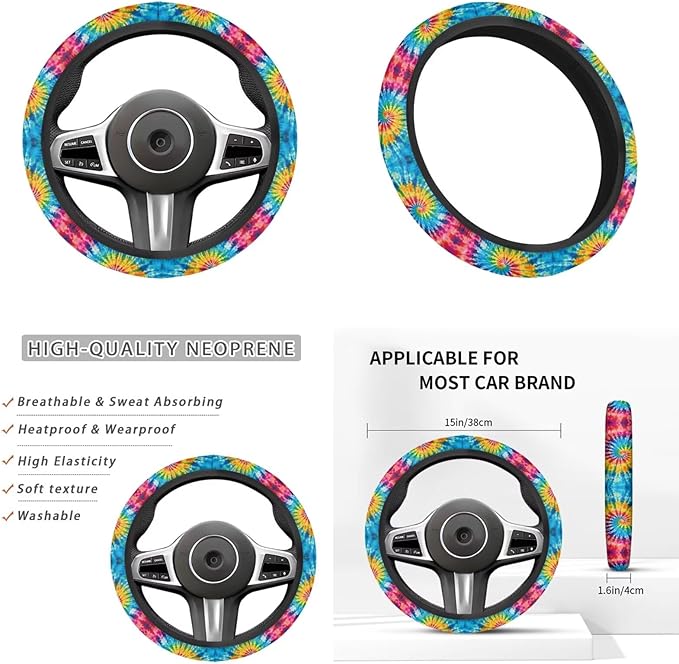 Blue Tie Dye 6pcs Car Interior Accessories Protector Set Car Steering Wheel Cover for Women Cup Coaster Handbrake Gear Cover Suit for Most Cars Truck Vans SUV