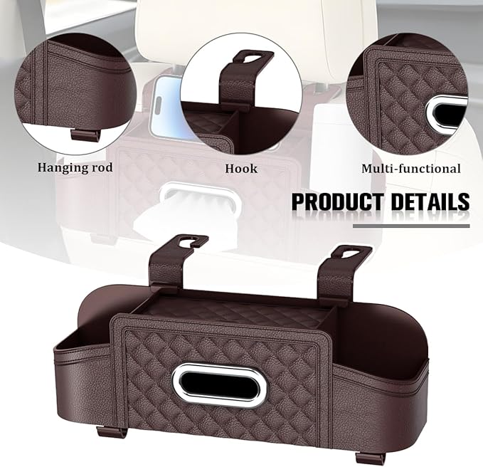 Car Backseat Organizer, 4-in-1 Multifunctional Vehicle Seat Back Tissue Box with Cup Holder & Hook, Automotive Backseat Hanging Storage Box for Bag Phone Drink, Universal for Vehicles (Brown)