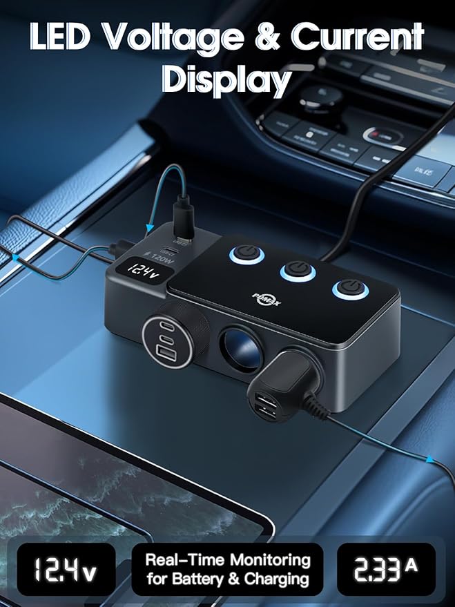 8 in 1 Cigarette Lighter Splitter, 120W Car Charger Adapter with PD 30W Type-C & QC3.0, 3-Socket Car Outlet with 5 USB Ports, LED Voltmeter, Independent Switches, 12V/24V Multi-Port Charger