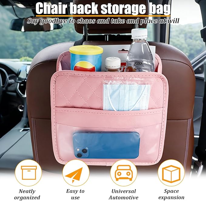 Car Seat Back Organizer, Leather Multipurpose Automotive Hanging Storage Bag Pockets, Vehicle Interior Backseat Trash Bag Can Organizer Accessories, Universal for Most Cars (Pink)