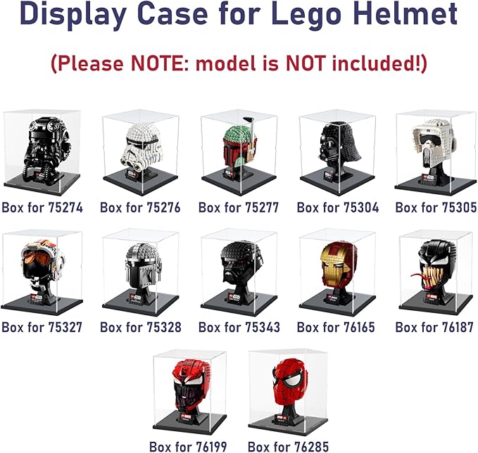 Choowin Acrylic Display Case for Lego Star Wars Helmet Mandalorian Darth Vader Helmet for Lego R2D2 Thickened Clear Acrylic Display Cases for Collectibles Assemble Dustproof Display Box(Black Base)