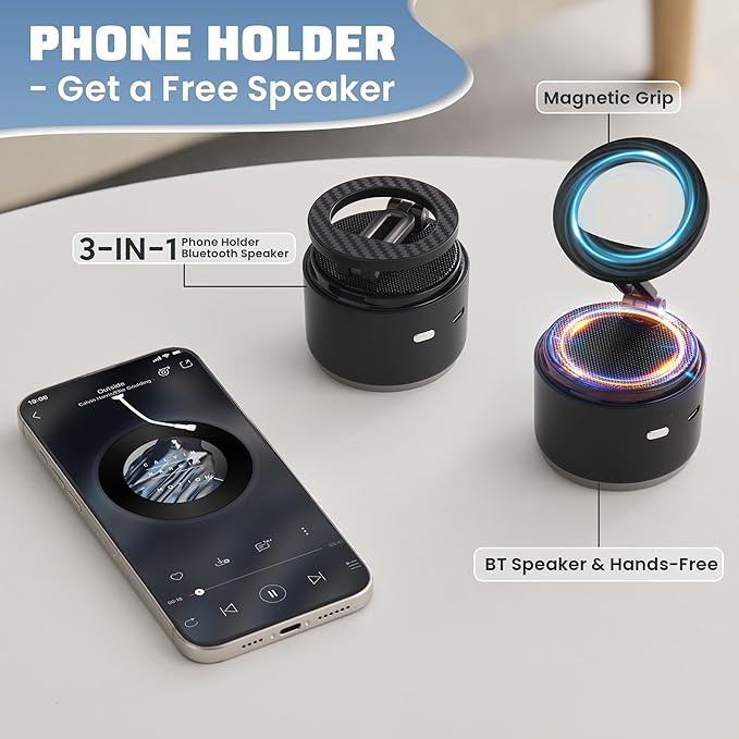 Car Phone Holder for Magsafe with Wireless Bluetooth Speaker, Cell Phone Stand HD Surround Sound Perfect for Home and Outdoors with Bluetooths Speakers for Desk Compatible with iPhone/Samsung Galaxy