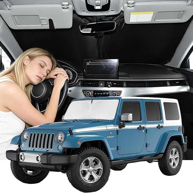 Windshield Sunshade for Jeep Wrangler TJ JK JKU 4&2 Door 1997-2017 Sun Shade Car Windshield Accessories Upgrade 4 Layers Blocks UV Rays Custom Fit Wrangler 240T Window Shades Keep Car Cool